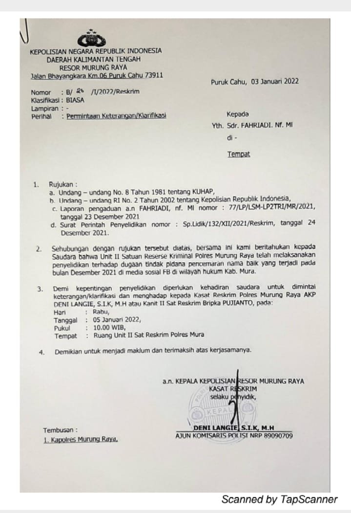 Fahriadi Ketua DPD LP2TRI Usai Memenuhi Undangan Klarafikasi/Introgasi Dari Penyidik Kapolres Mura Atas Laporanya