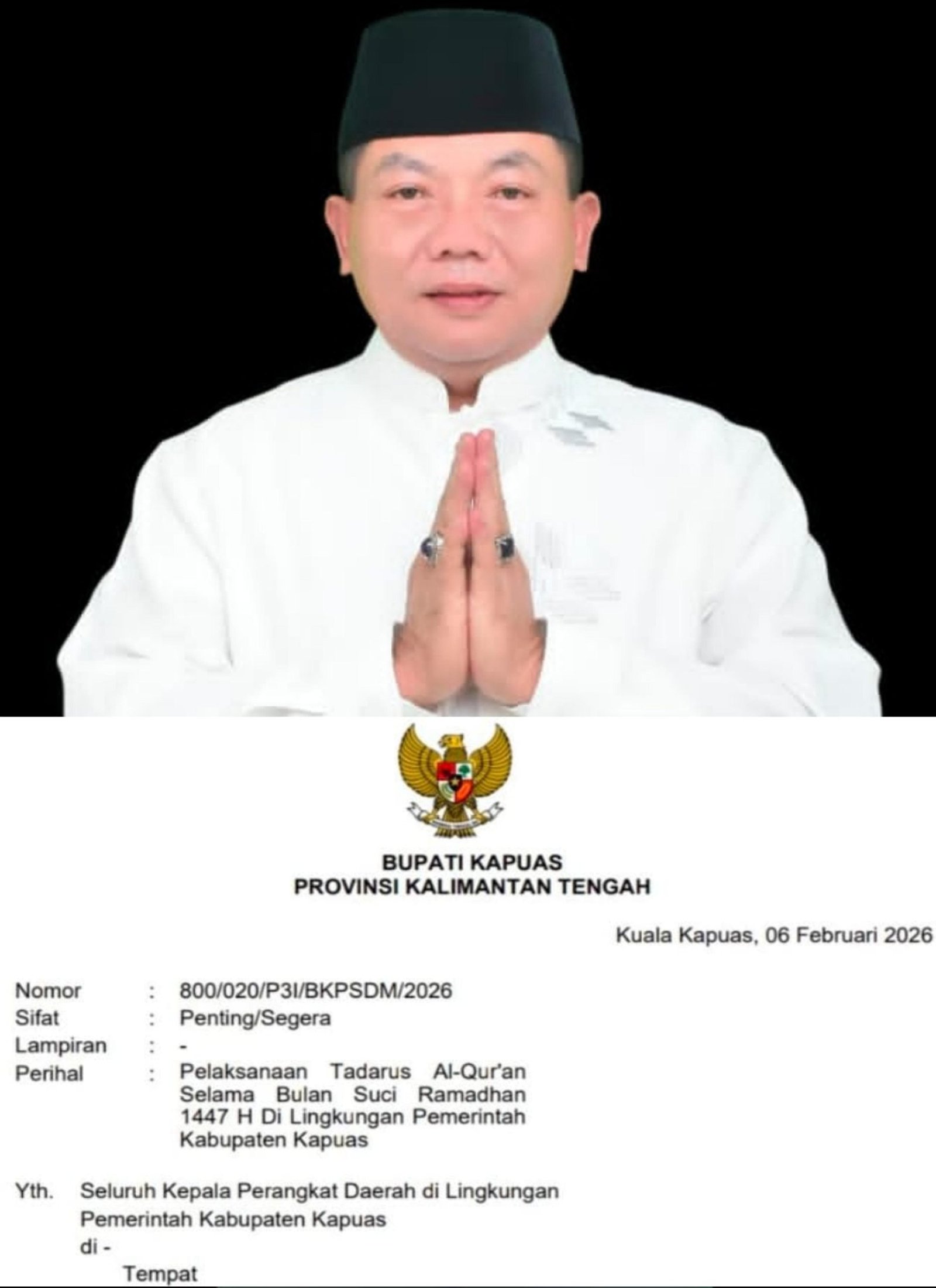 Bupati Mengimbau ASN Melaksanakan Tadarusan AL-Qur’an Selama Ramadan 1447 H